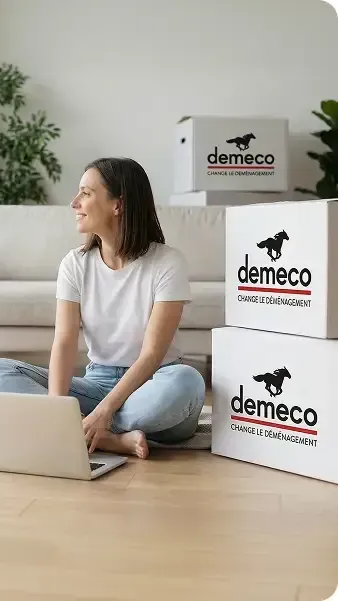 Femme assise à côté de cartons Demeco empilés dans une pièce lumineuse, avec un ordinateur portable ouvert au sol.