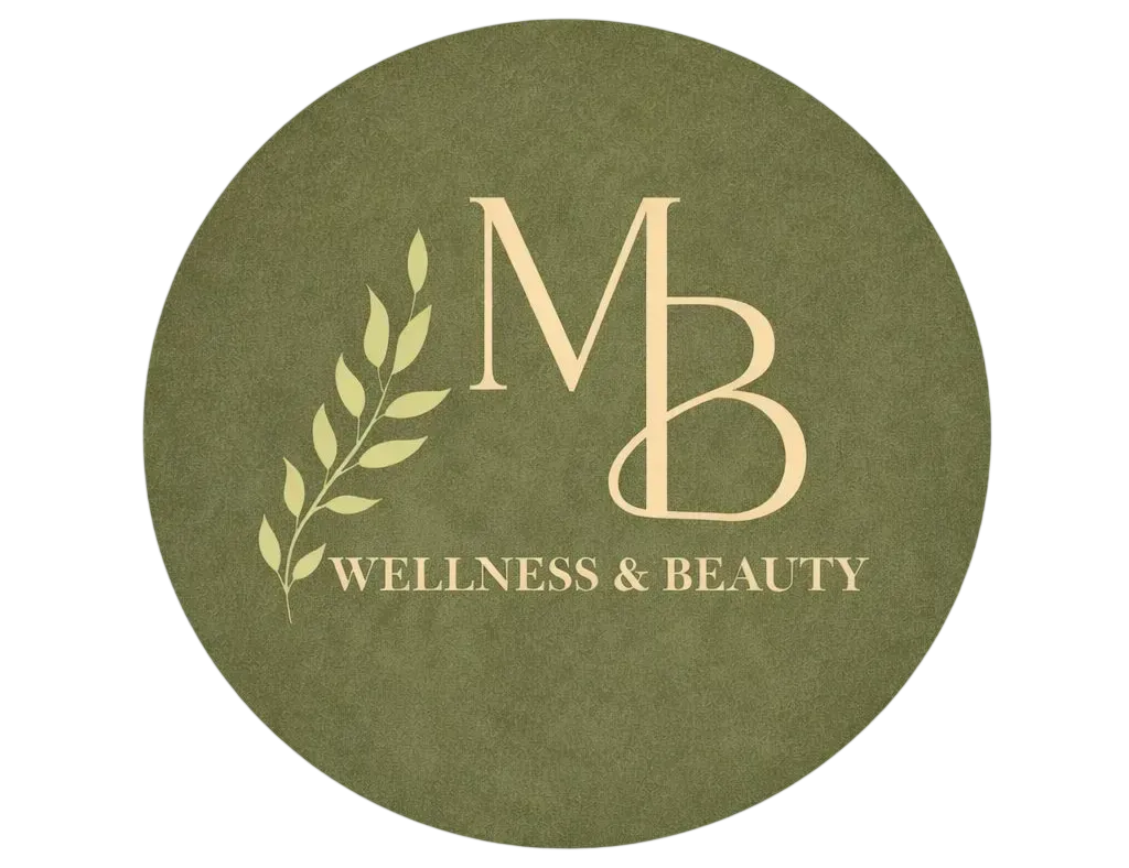 Logotipo de "MB Wellness & Beauty" con iniciales dentro de un círculo y una ramita de trigo.