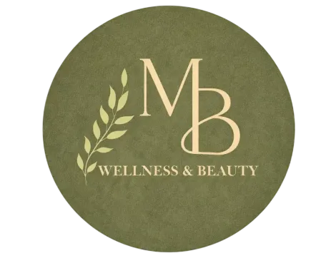 Logotipo de "MB Wellness & Beauty" con iniciales dentro de un c&iacute;rculo y una ramita de trigo.