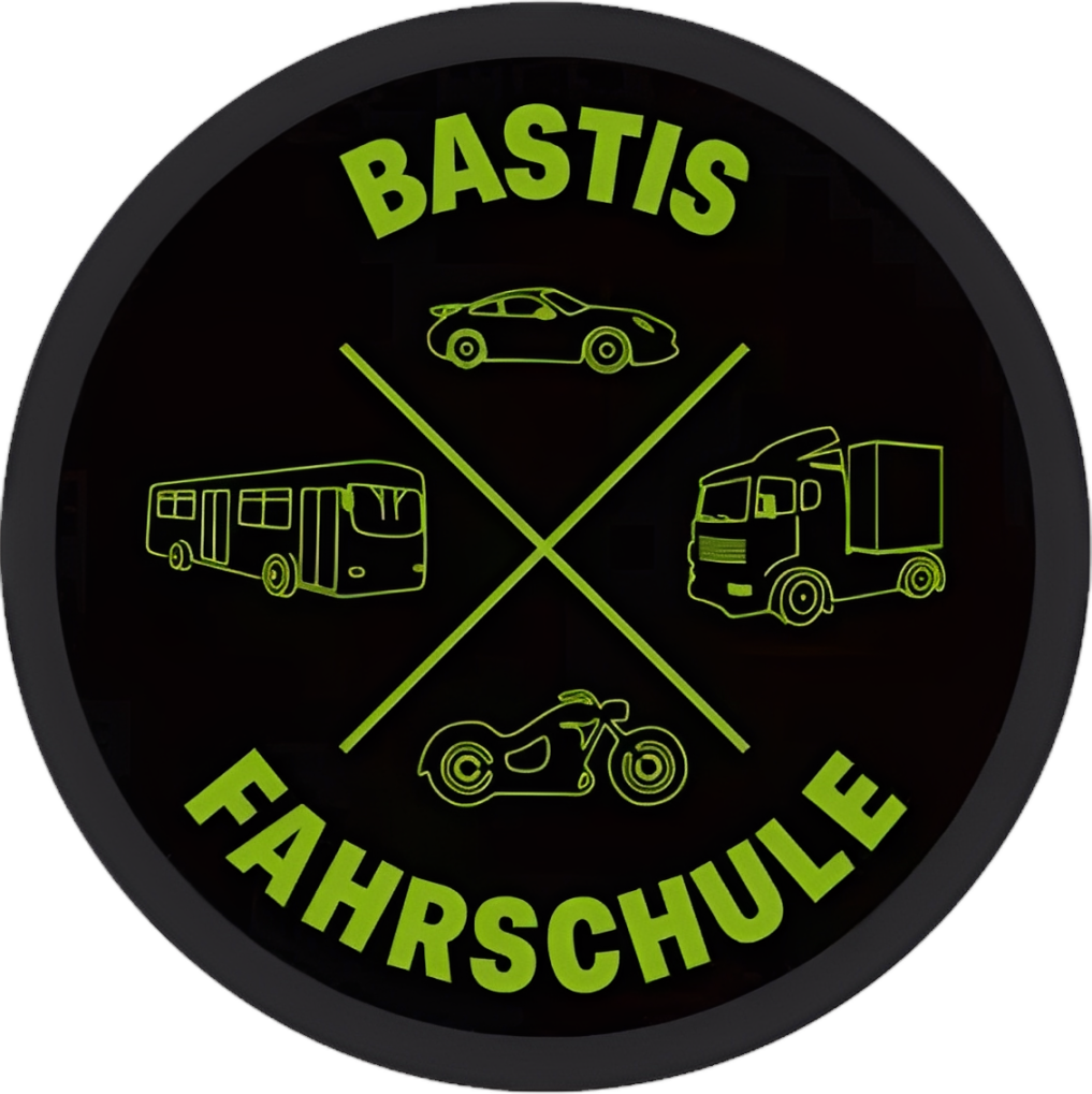 Rundes Logo mit „BASTIS FAHRSCHULE“ und Fahrzeugsymbolen (Auto, Bus, LKW, Motorrad) in Grün auf schwarzem Hintergrund.