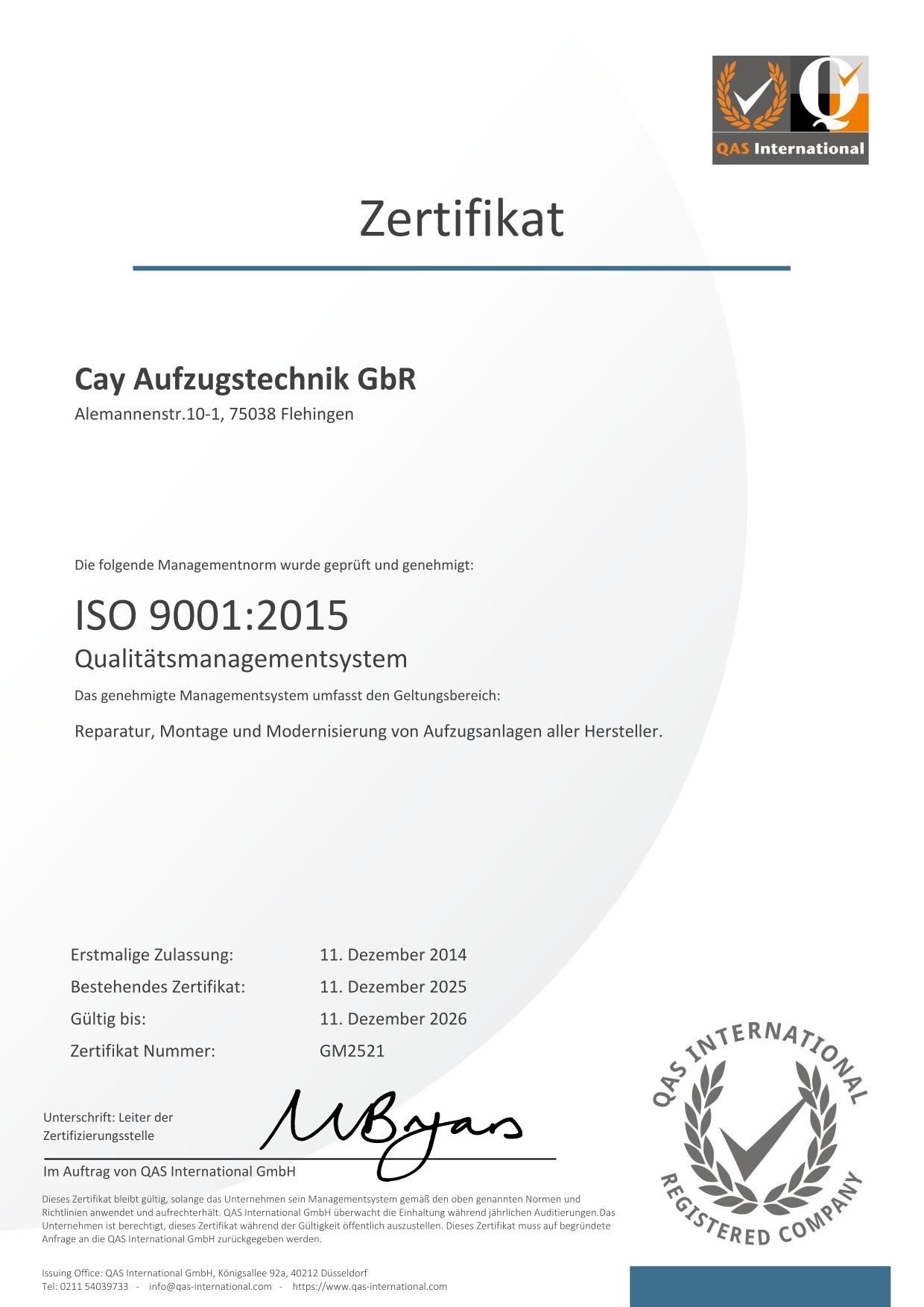 Zertifikat Zertifikat ISO 9001:2015
