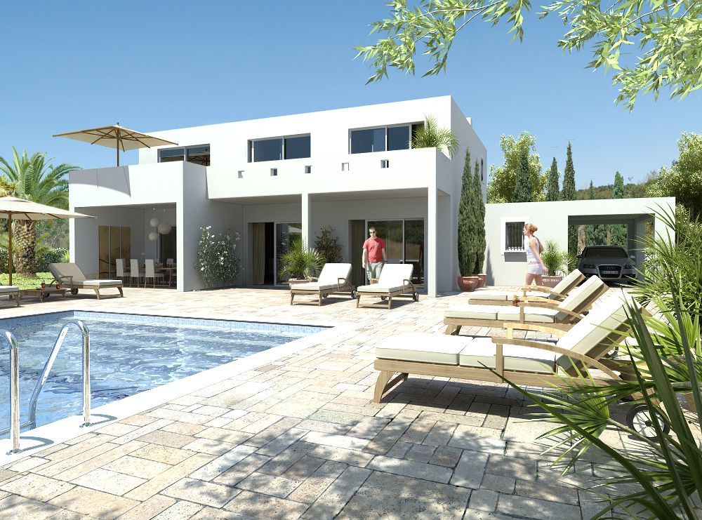 Plan 3D d'une maison moderne avec terrasse suspendue et piscine