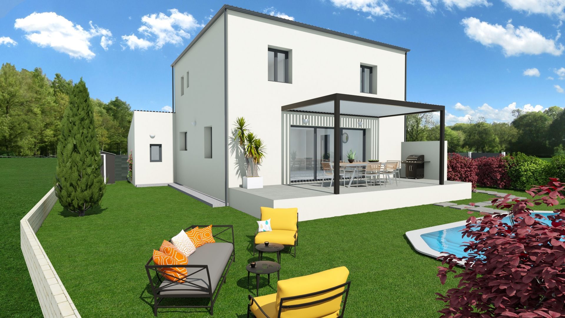Projection 3D d'une maison à étage avec une terrasse et jardin