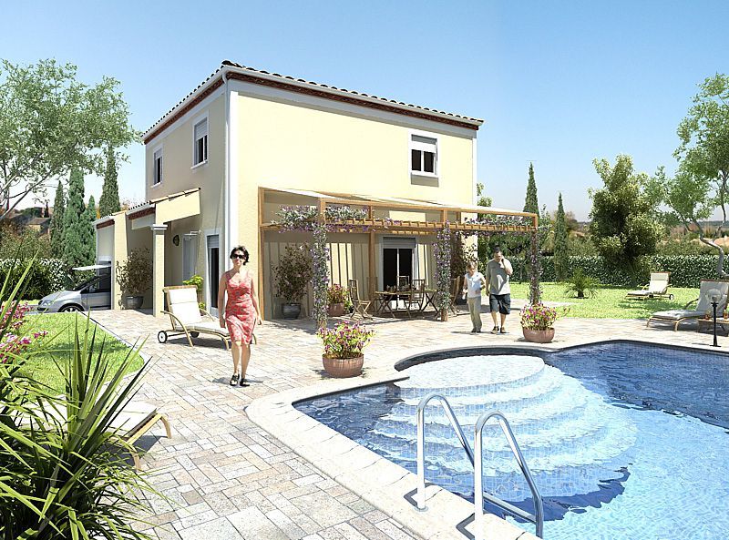 Maison blanche avec un étage, un jardin et une piscine