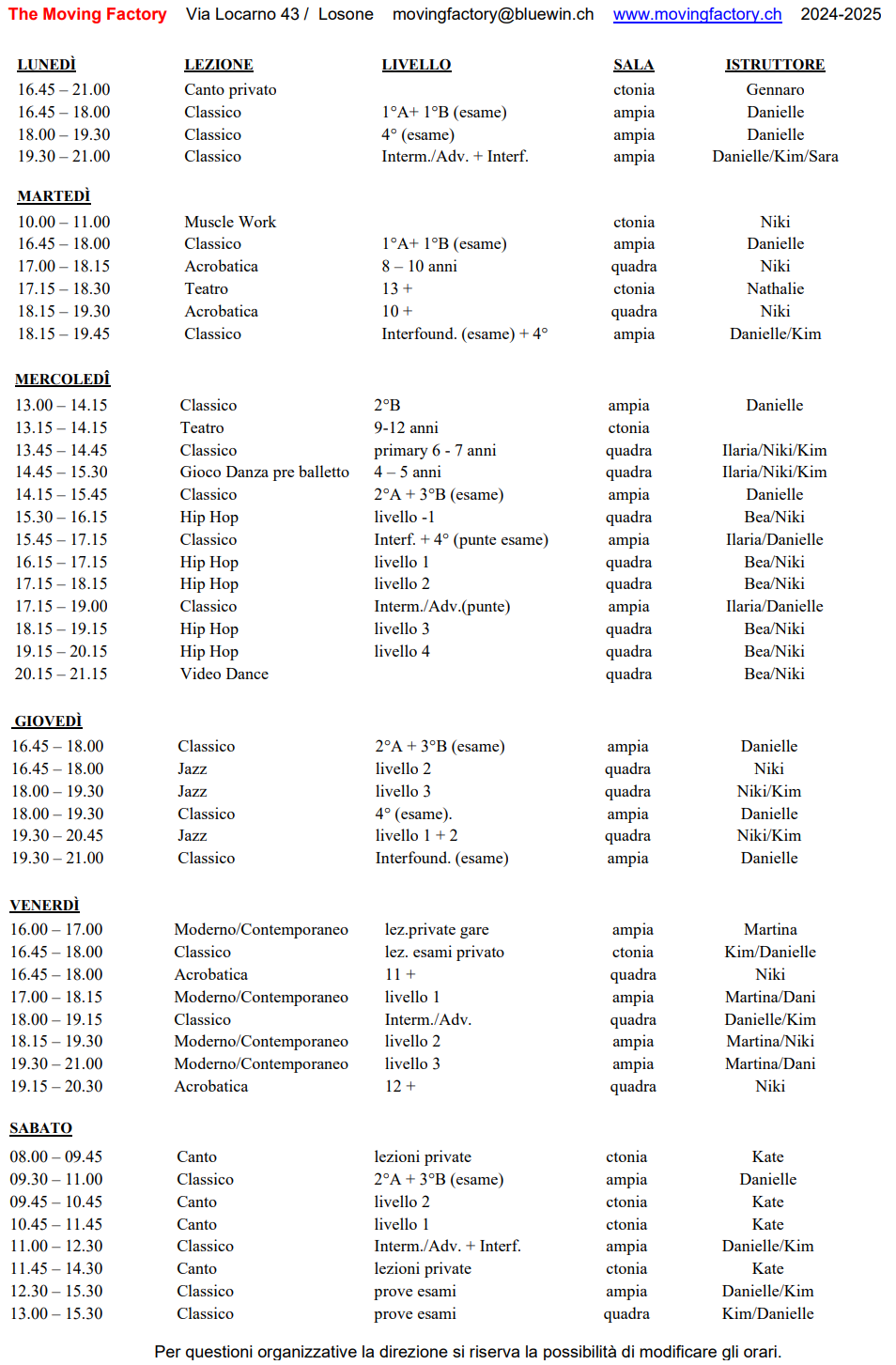 Stundenplan der Tanzkurse im Tessin, bei der Tanzschule Moving Factory