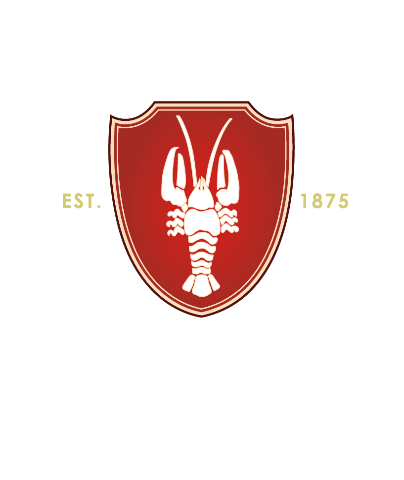 Logo des Hotels Krebs Interlaken: Roter Schild mit Hummer, goldenes Banner „150“, 4 Sterne, Schriftzug „Krebs Interlaken“.