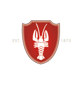Rotes Schildlogo mit einem weißen Flusskrebs und der Zahl „150“ auf einem goldenen Banner.