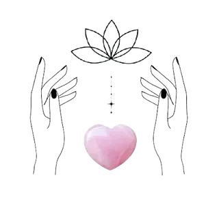 Un dibujo de dos manos sosteniendo un corazón rosa y una flor de loto.