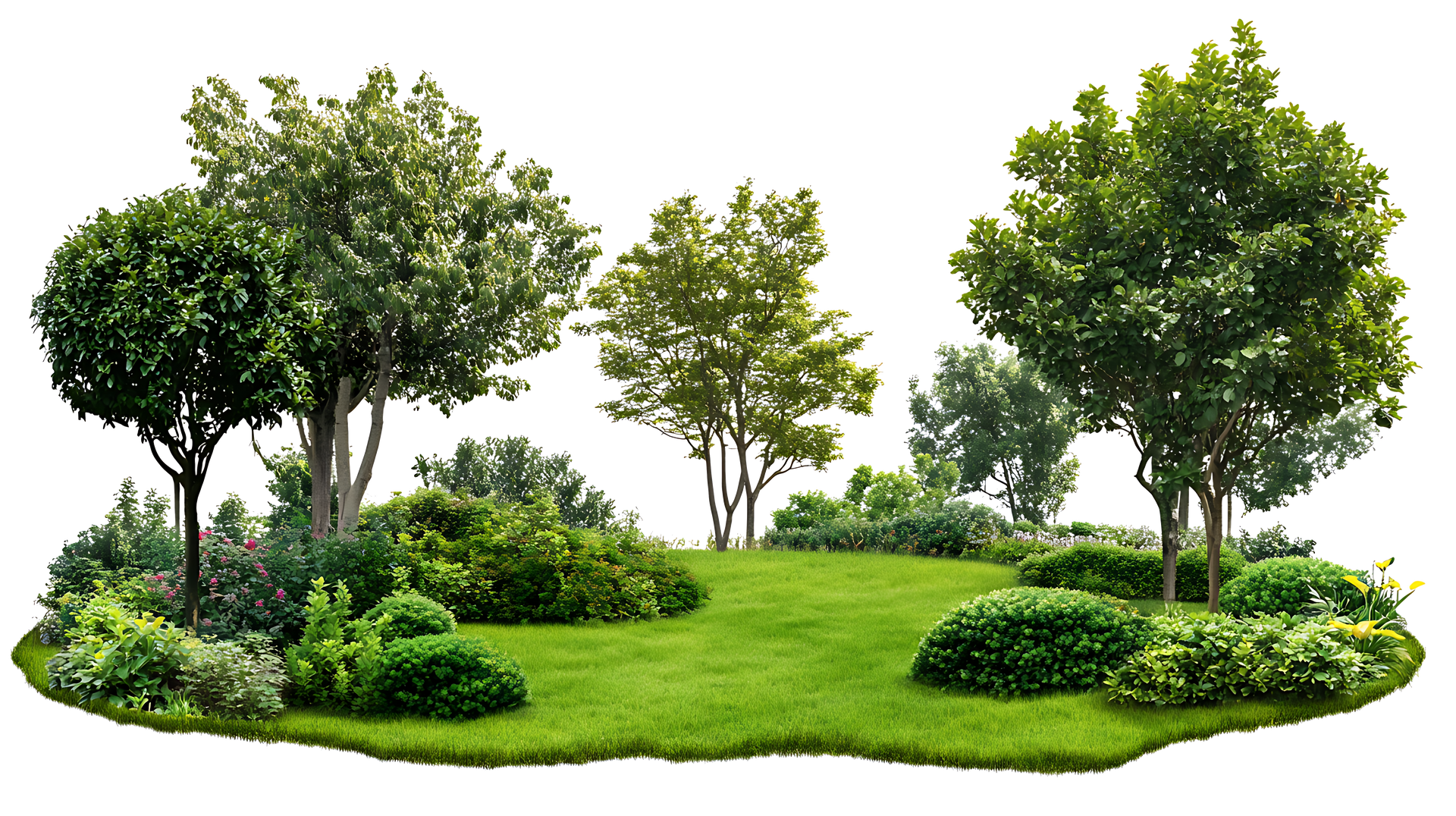 Un îlot de jardins herbeux avec des arbres et des arbustes.