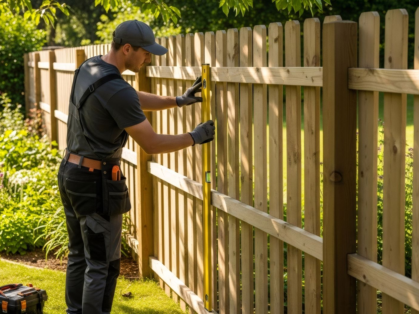 Un homme utilise un niveau pour vérifier un poteau de clôture dans un jardin ensoleillé. Il porte des vêtements de travail et une ceinture porte-outils.