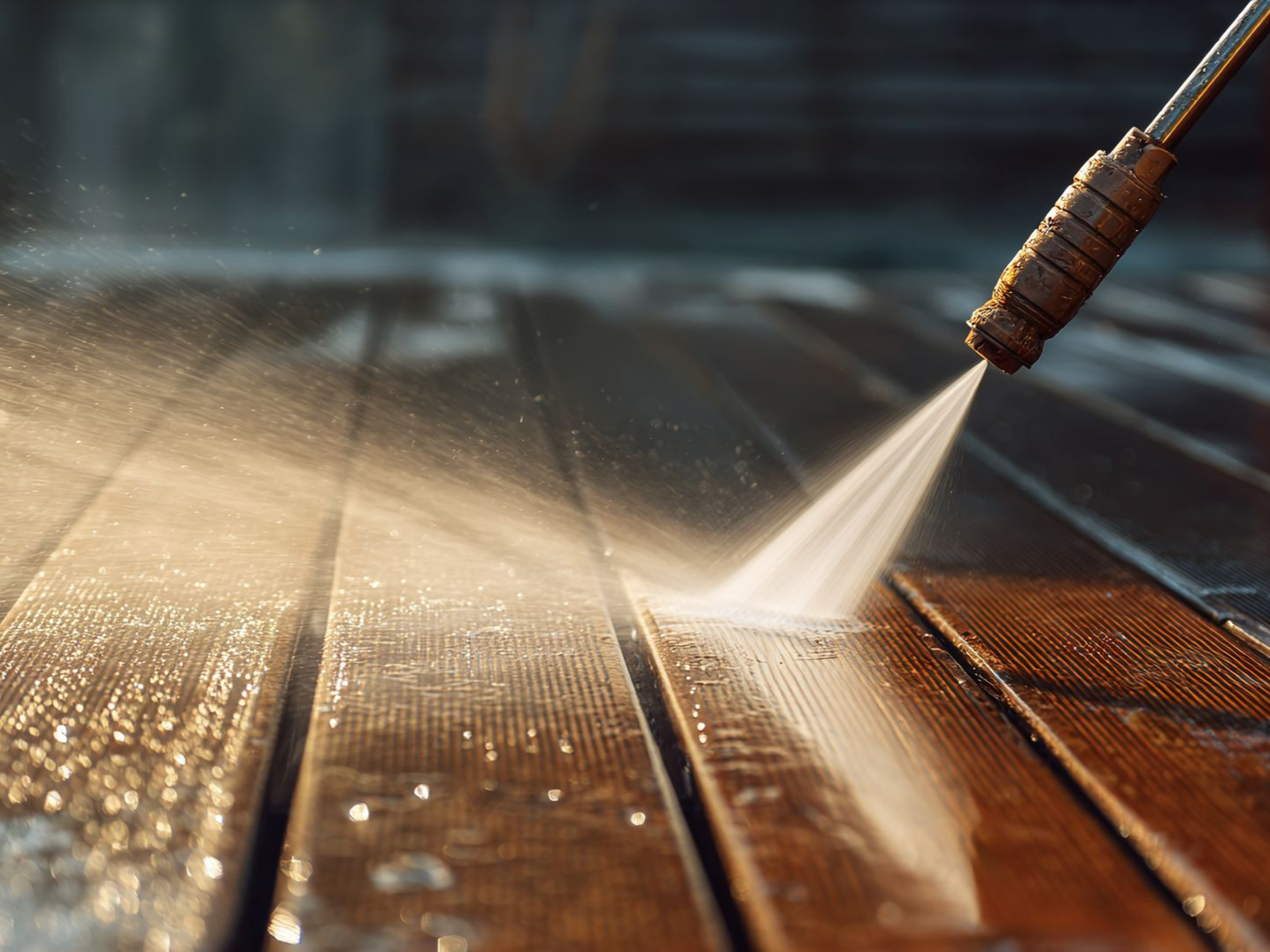 Nettoyage d'une terrasse en bois au nettoyeur haute pression.