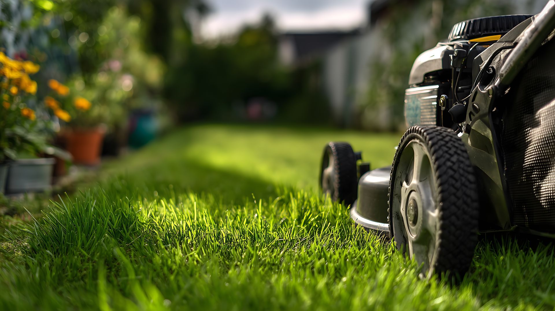 Tondeuse à gazon sur une pelouse verte, coupant l'herbe dans un jardin ensoleillé.