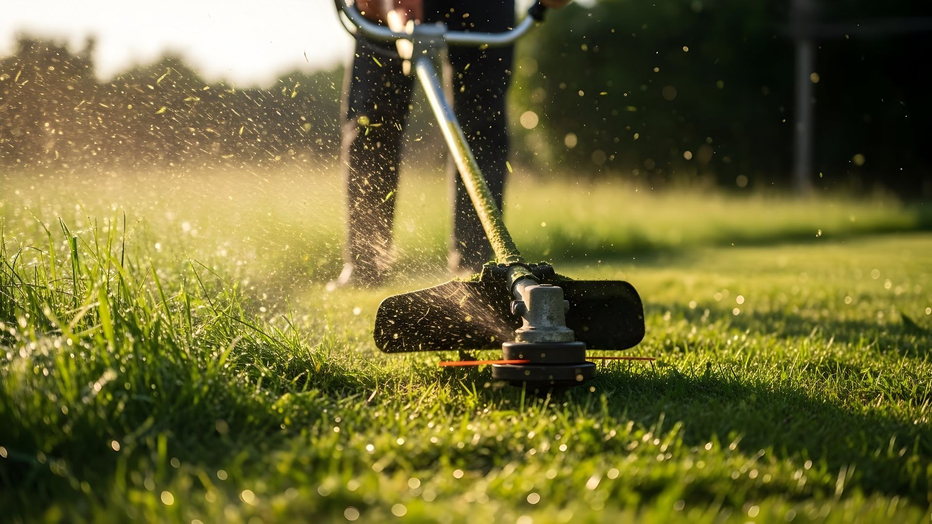 Une personne utilise un coupe-bordures pour tondre la pelouse en plein soleil ; les brins d'herbe coupés volent.