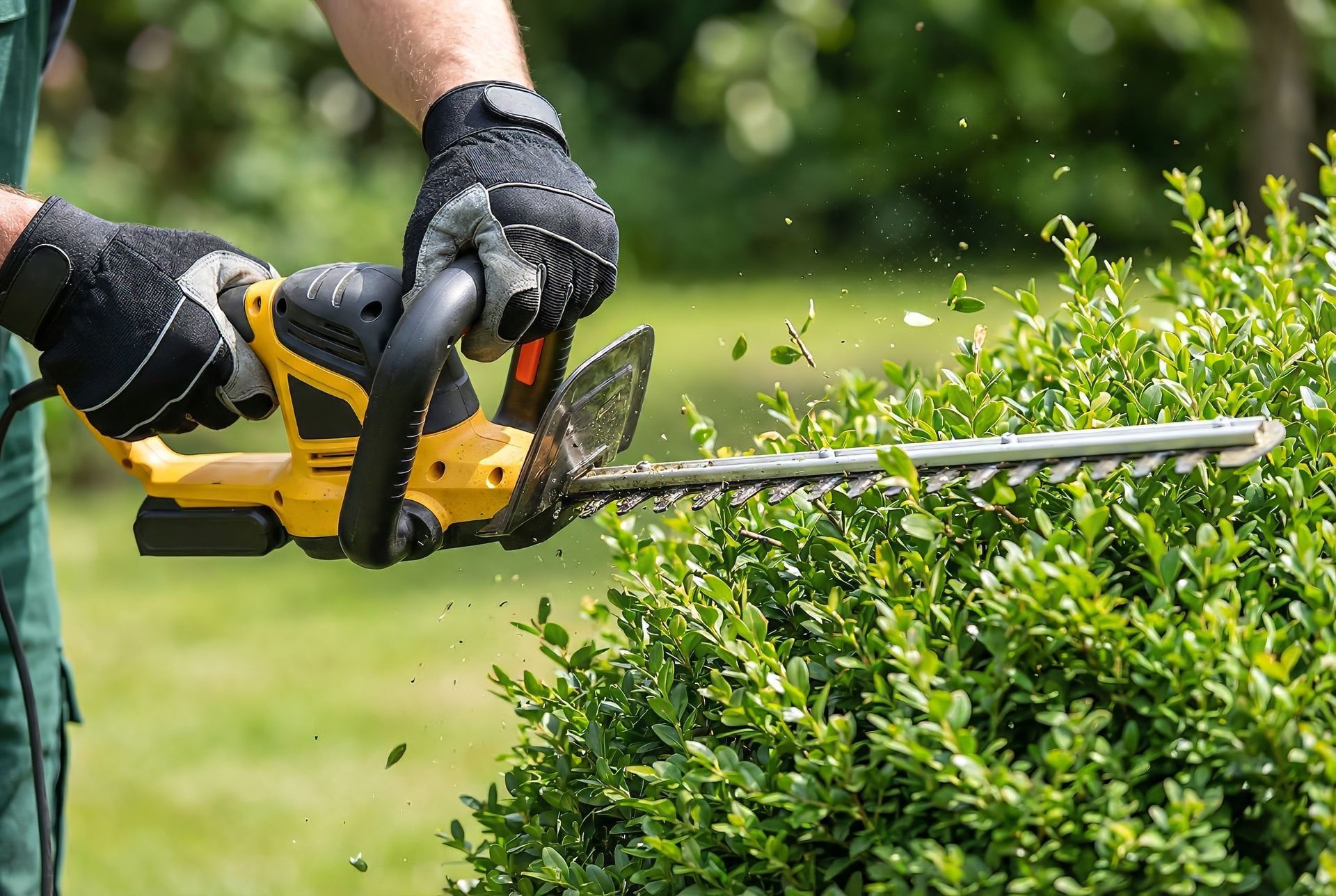 Une personne utilise un taille-haie jaune pour tailler un buisson vert dans un jardin.