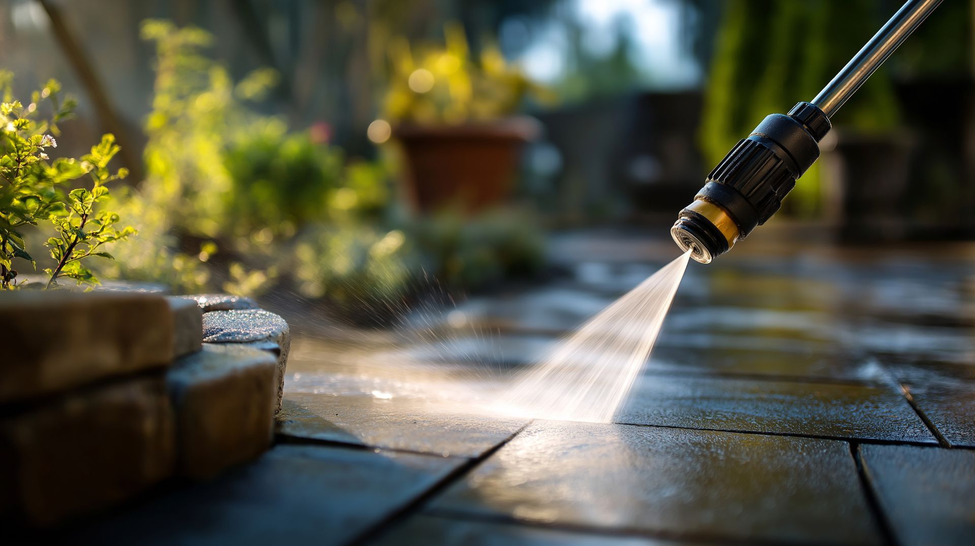 Un nettoyeur haute pression projette de l'eau sur une terrasse en pierre, nettoyant la surface avec des plantes en arrière-plan.