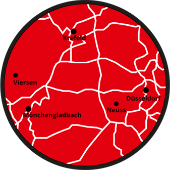 Ein roter Kreis mit dem Wort Düsseldorf darauf