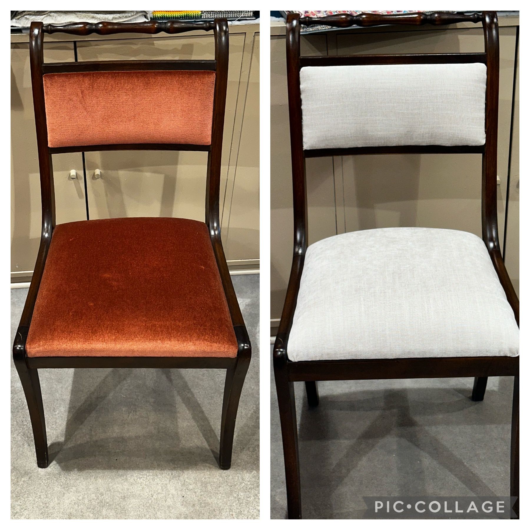 Transformation d'une chaise avec dossier et assise en tissu d'orange à blanche