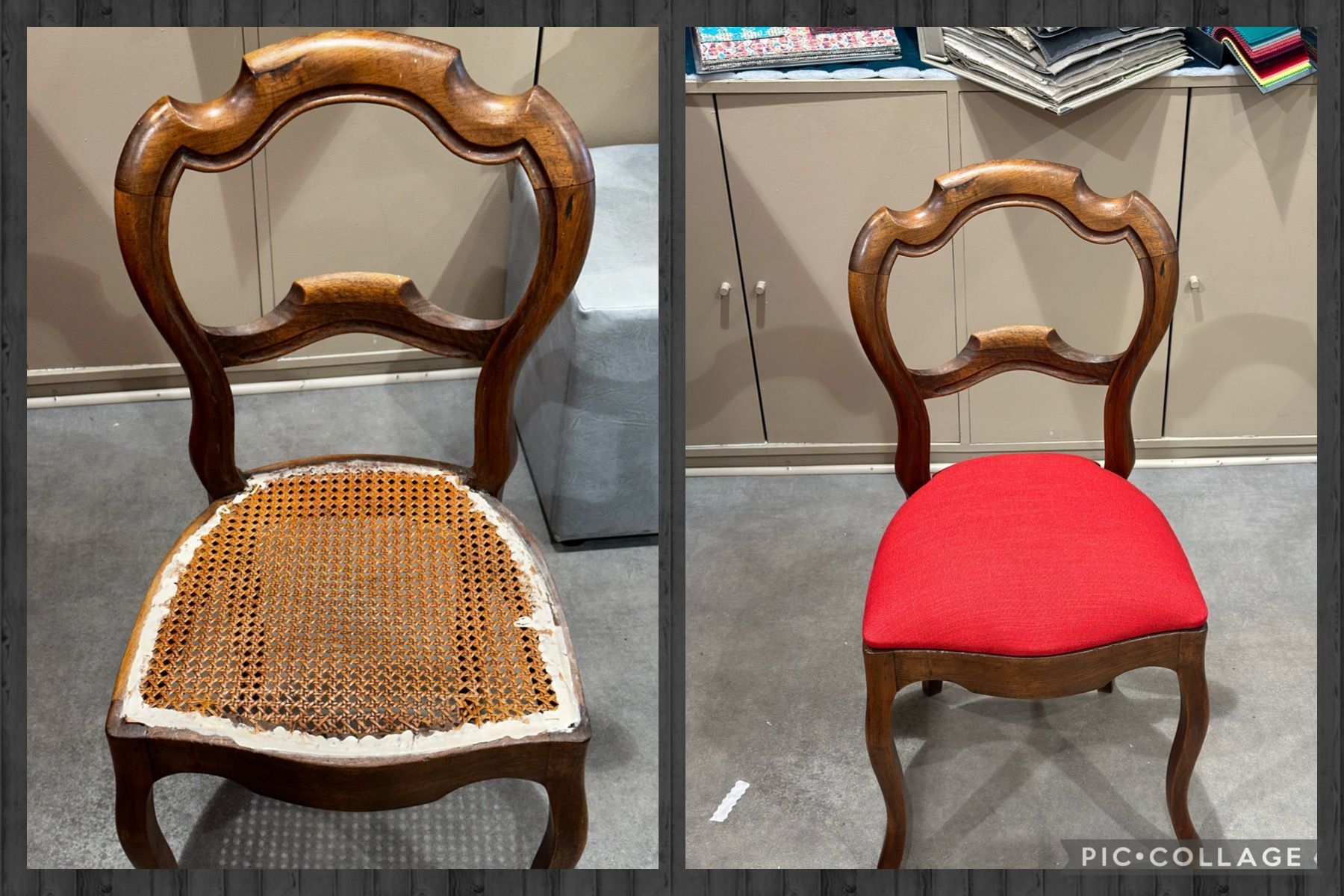Transformation d'une assise en canage sur mesure avec un tissu rouge