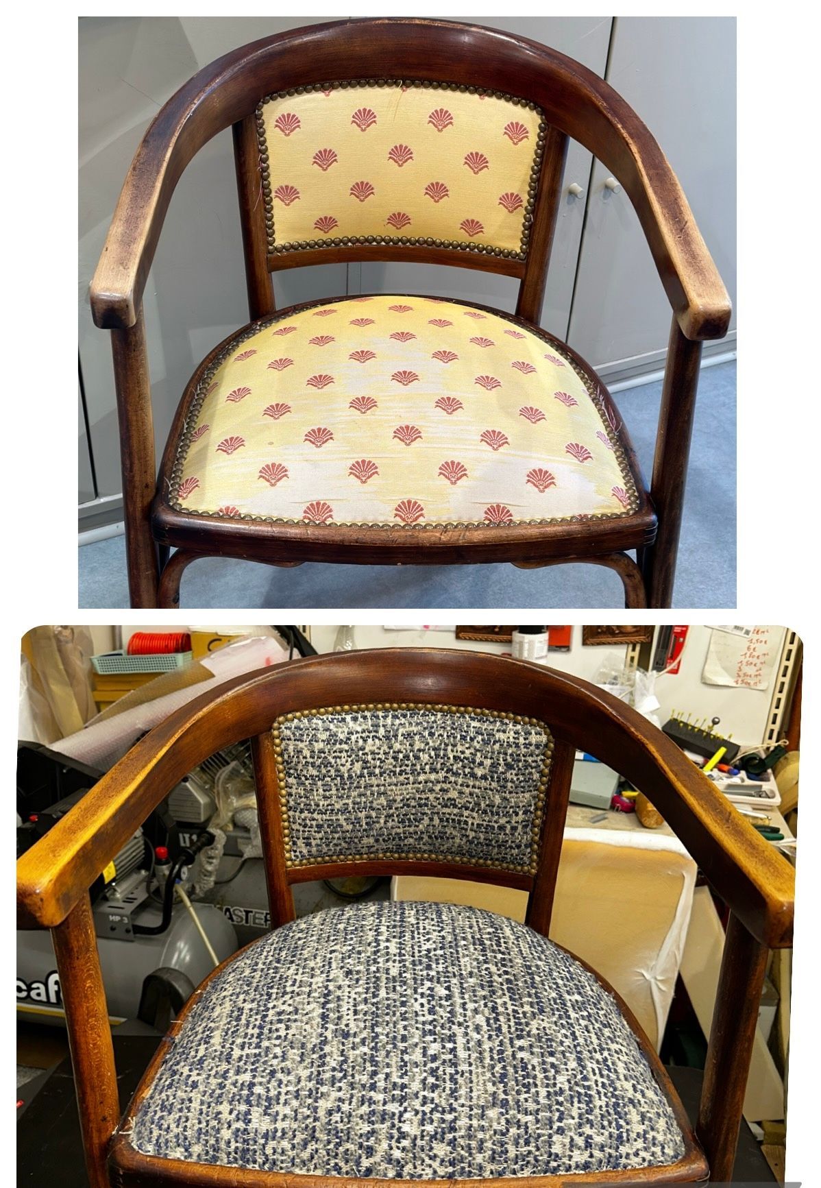 Rénovation de chaise ancienne en bois et tissu coloré