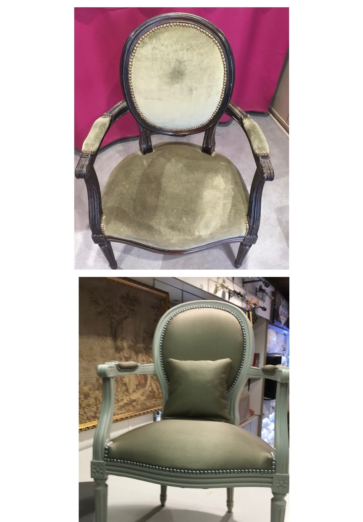 Modernisation d'un fauteuil Louis XVI avec un Skai d'ameublement taupe