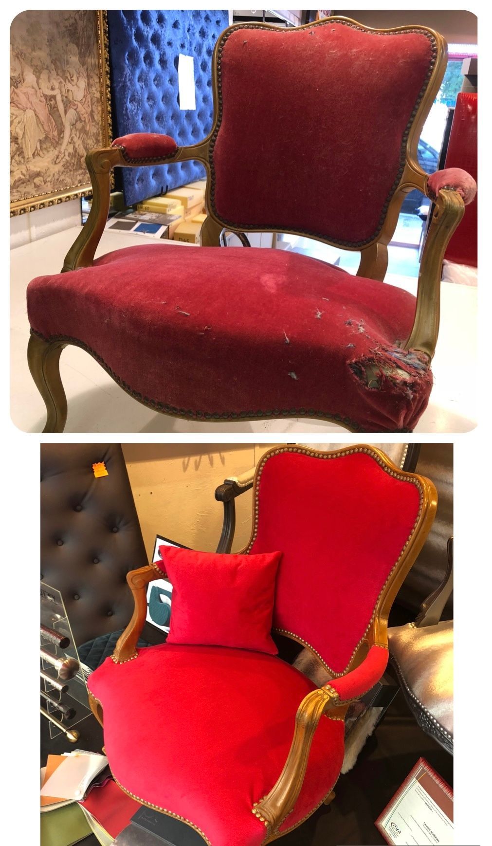 Rénovation de fauteuil en bois et tissu rouge