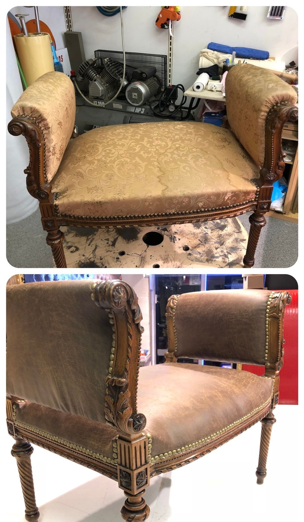 Transformation d'un fauteuil pour piano avec un tissu aspect cuir vieilli
