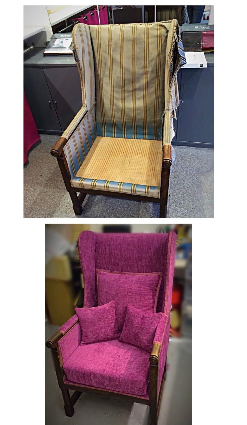 Fauteuil danois abîmé qui a été rénové et transformé en tissu rose fuchsia