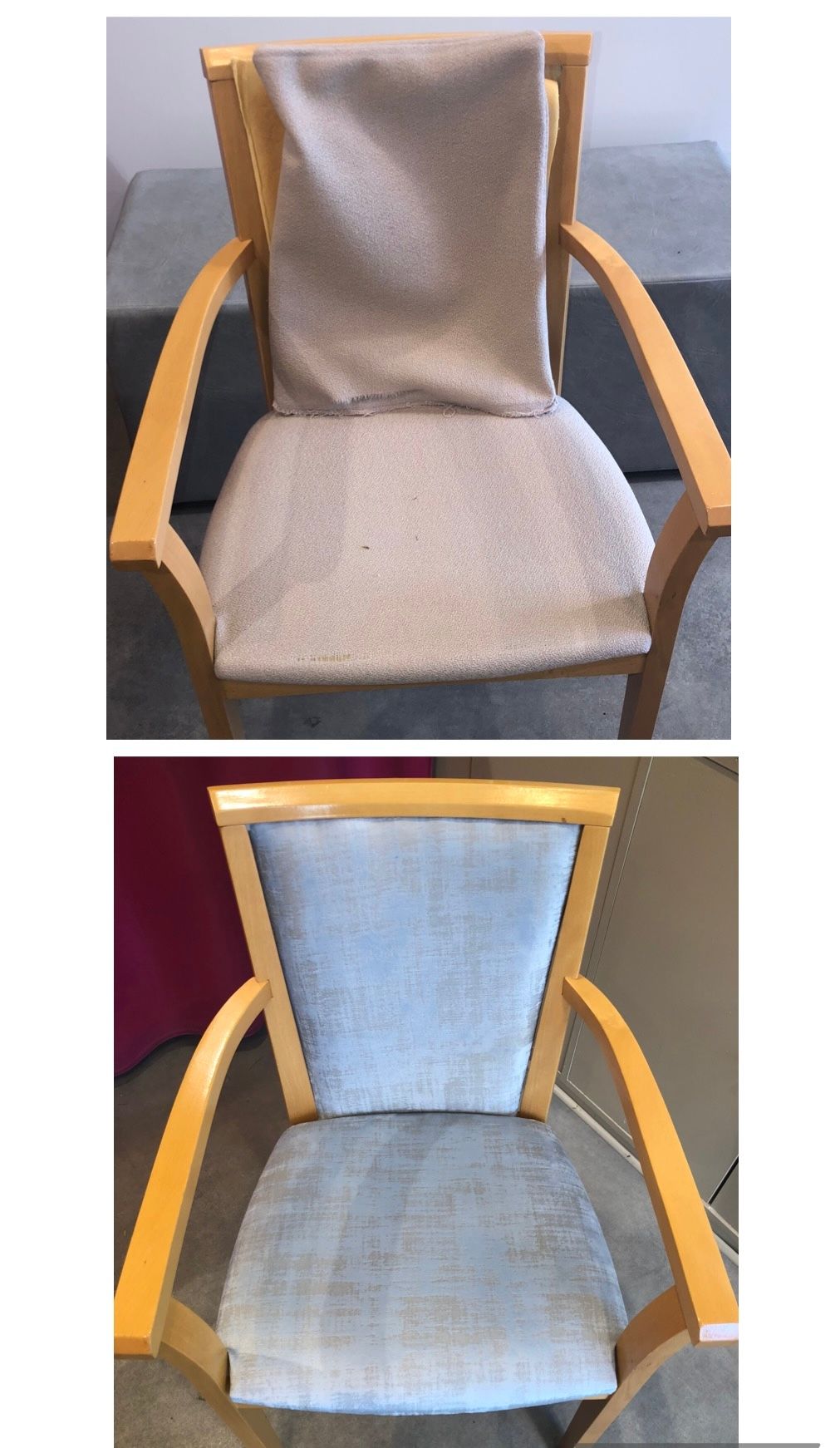 Restauration d'une chaise en tissu bleu clair