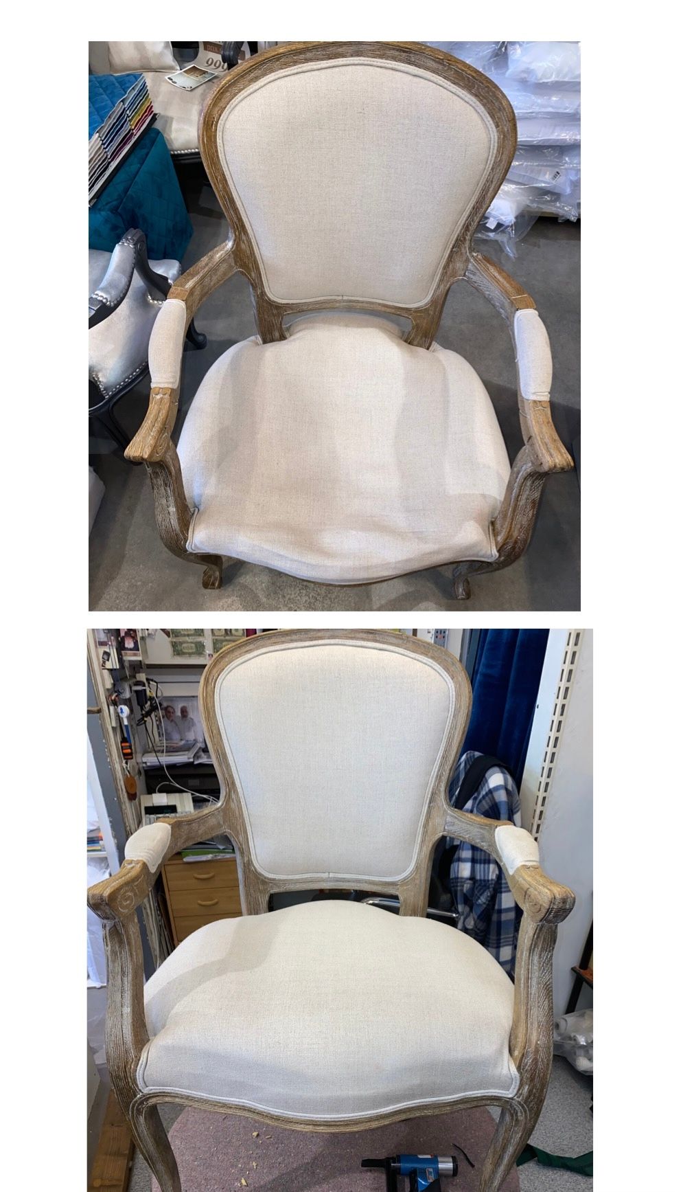 Restauration d'une chaise en tissu bleu clair