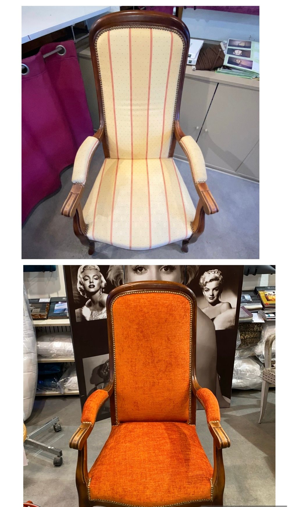 Avant - après d'un fauteuil ancien orange