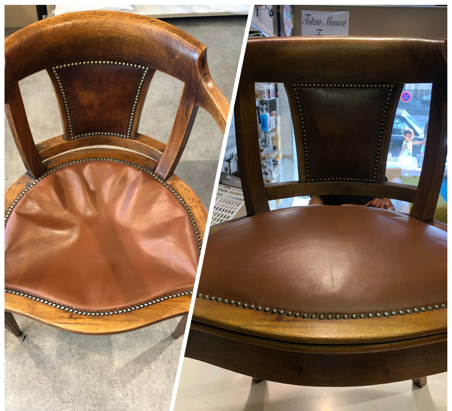 Réparation de chaise ancienne en bois et cuir marron