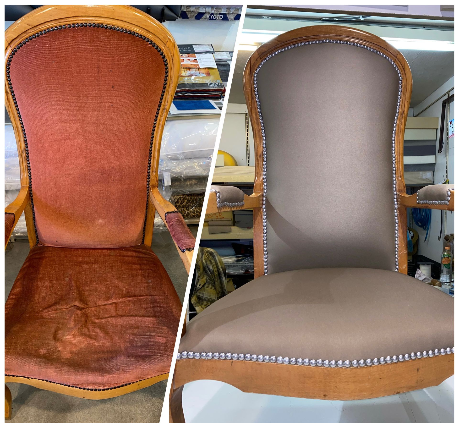 Réparation de fauteuil ancien en bois et tissu gris