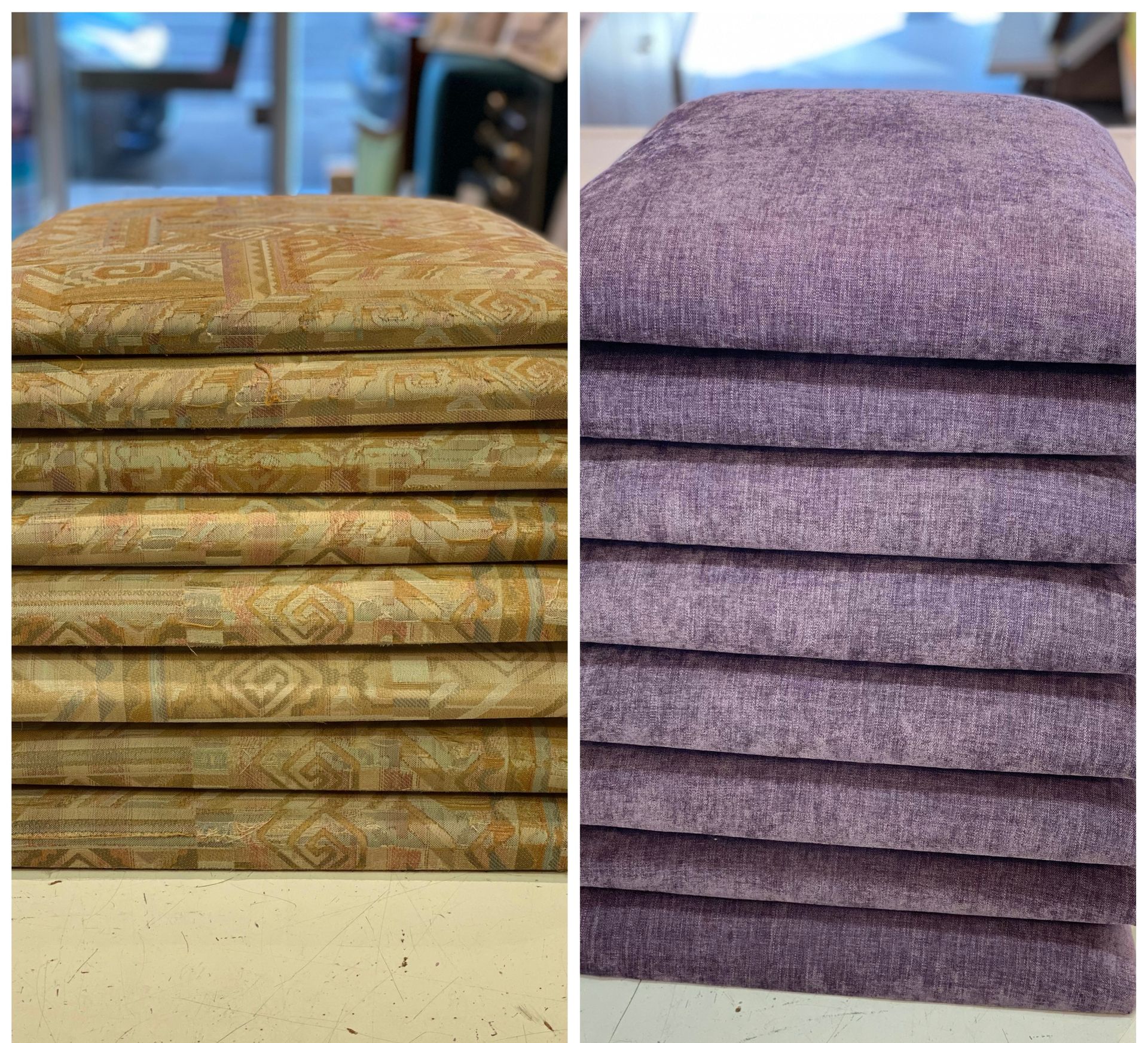 Assises de chaise jaune canard et violets