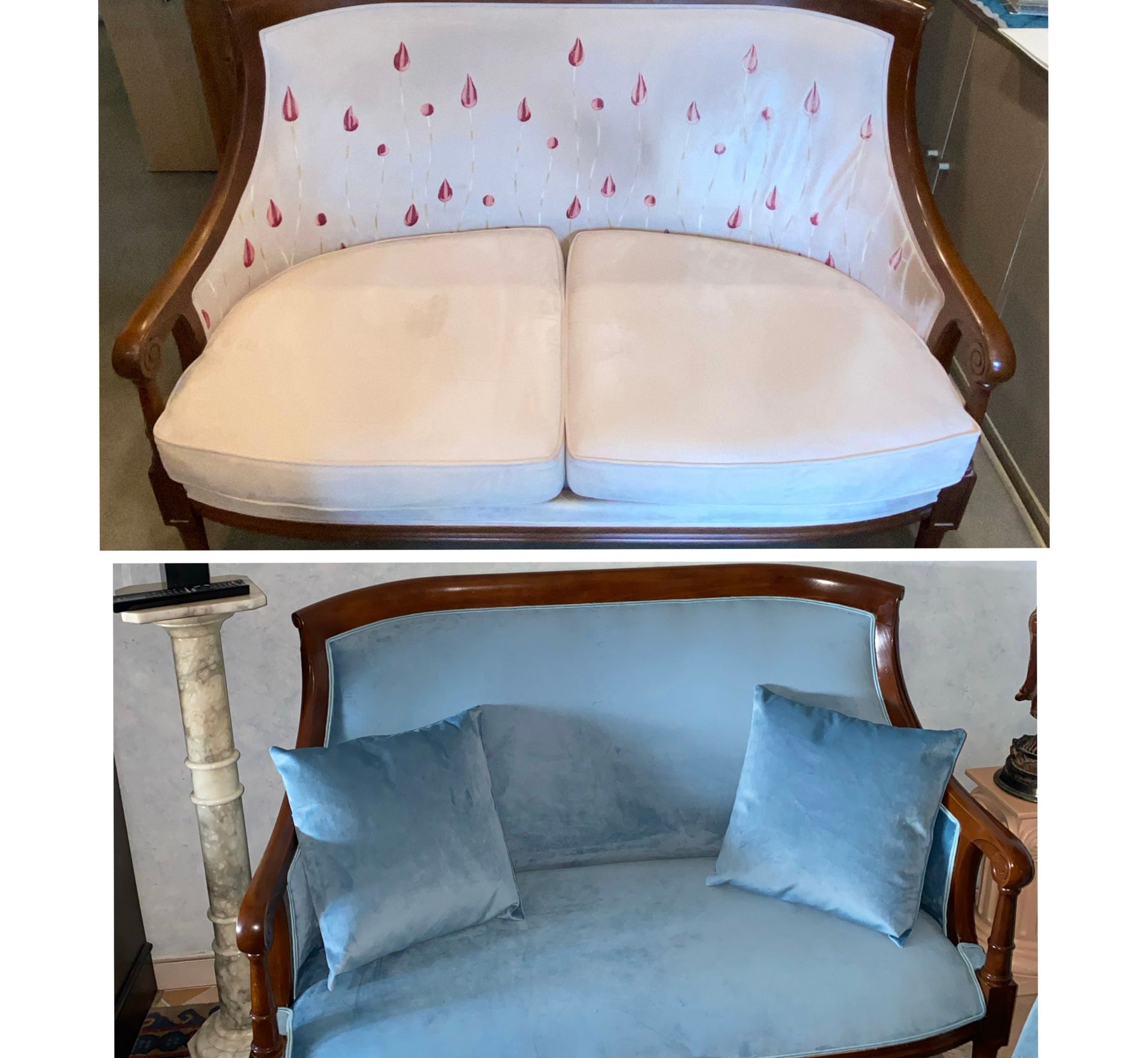 Avant - après d'une rénovation de tapisserie de canapé