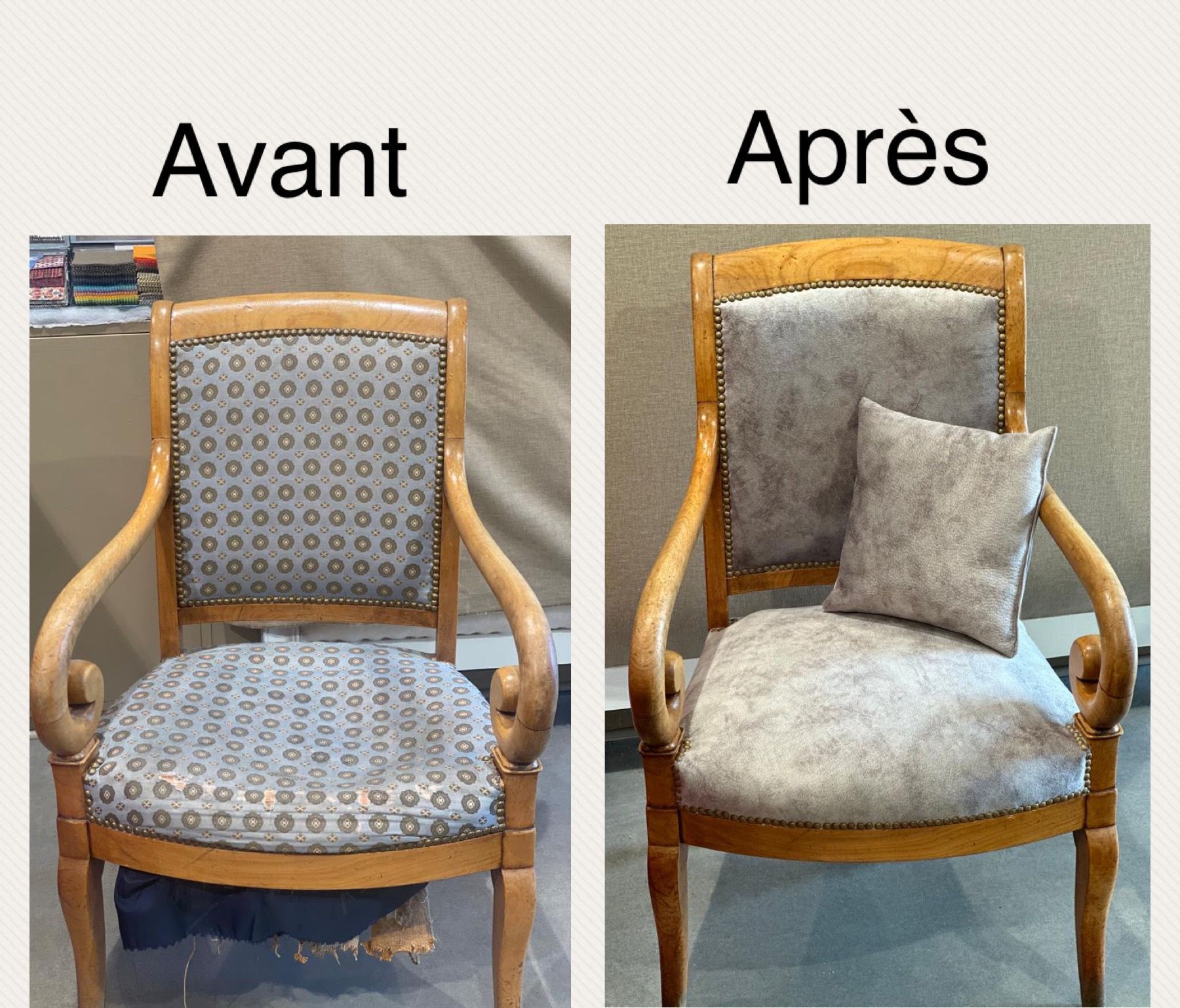 Restauration d'un fauteuil à bras roulé avec un tissu gris