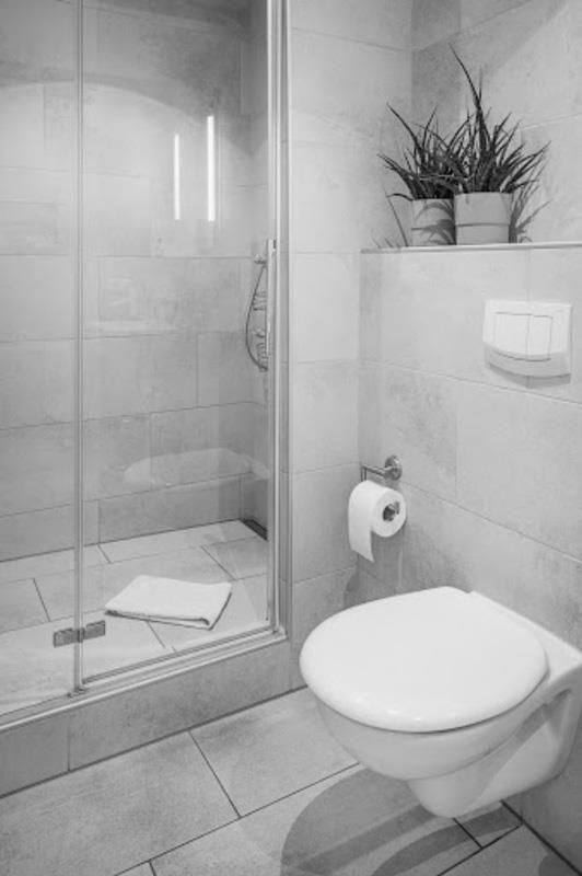 Ein Schwarzweißfoto eines Badezimmers mit Toilette und Dusche.