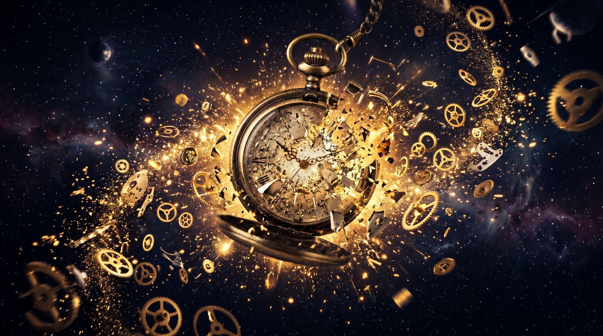 Montre de poche vintage lumineuse entourée d'engrenages dorés et de particules tourbillonnantes dans un espace sombre