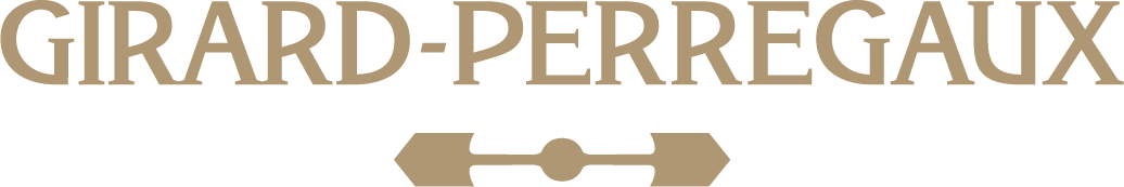 Logo Girard-Perregaux avec texte et emblème dorés sur fond blanc