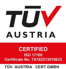 Logo de certification TÜV Austria avec texte rouge et noir, numéro de certificat ISO 17100 TA182213010633