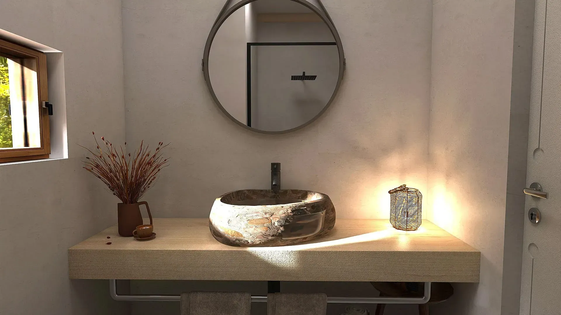 Un baño con lavabo, espejo y ventana.