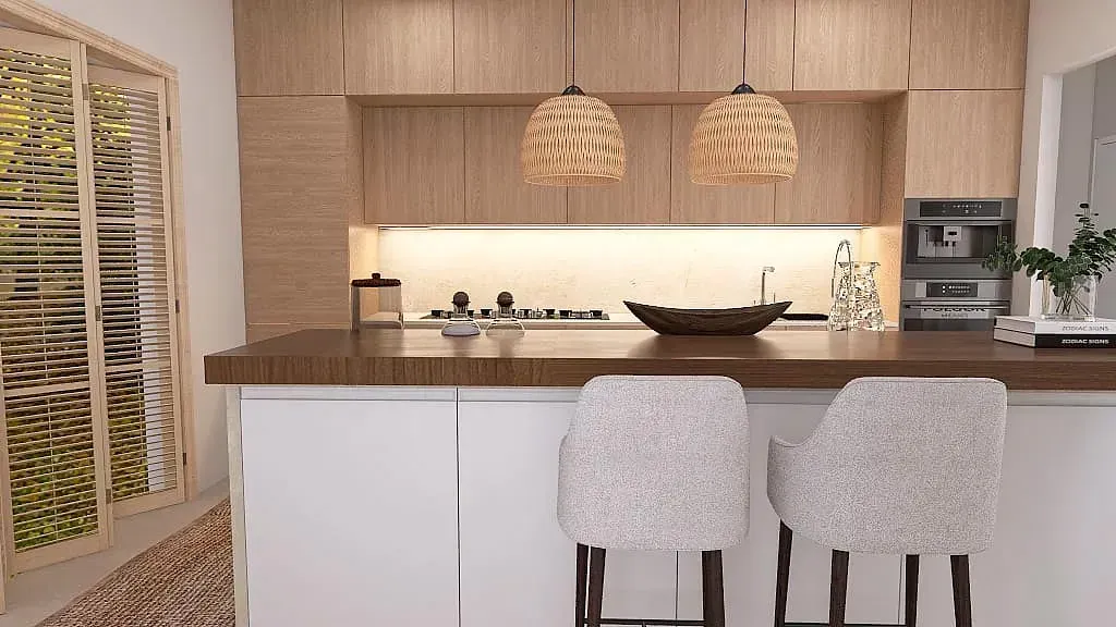 Una cocina con dos taburetes de bar y una bodega.