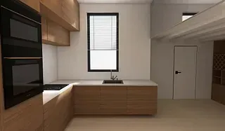 Una cocina con muebles de madera, un fregadero y una ventana.