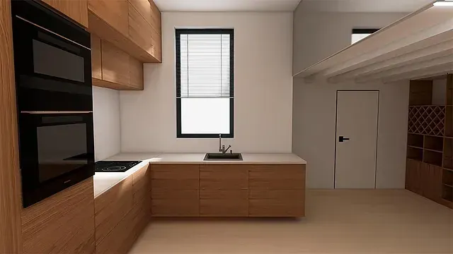 Una cocina con muebles de madera, un fregadero y una ventana.