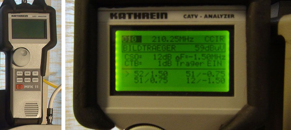 Ein Kathrein-CATV-Analysator mit einem grünen Bildschirm