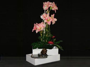 Des amaryllis roses dans des vases blancs à étages sur fond sombre.