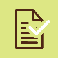 Document avec coche, contour marron et détails sur fond vert clair.