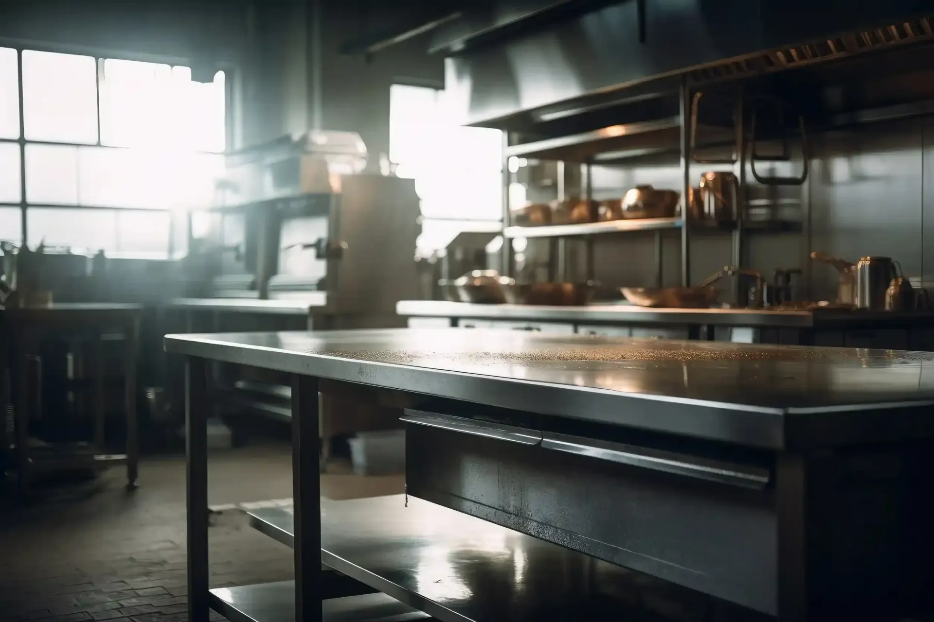 Cocina comercial vacía con mesas de acero inoxidable, equipamiento y luz brillante en la ventana.