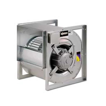 Ventilador centrífugo metálico con motor, montado sobre bastidor cuadrado.