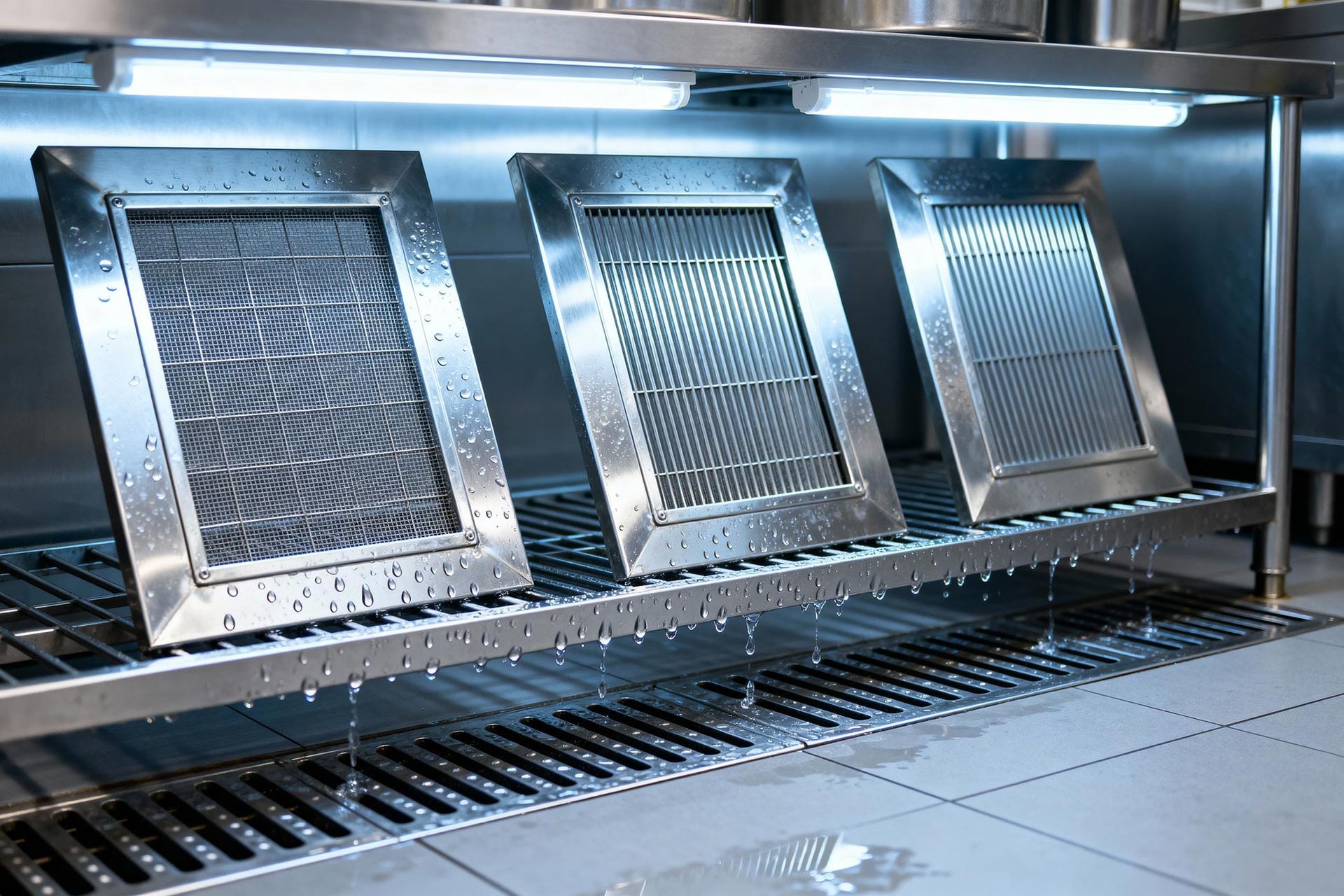 Tres filtros de campana extractora de cocina de acero inoxidable húmedos que drenan sobre una rejilla de metal.