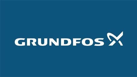 El logotipo de Grundfos está sobre un fondo azul.